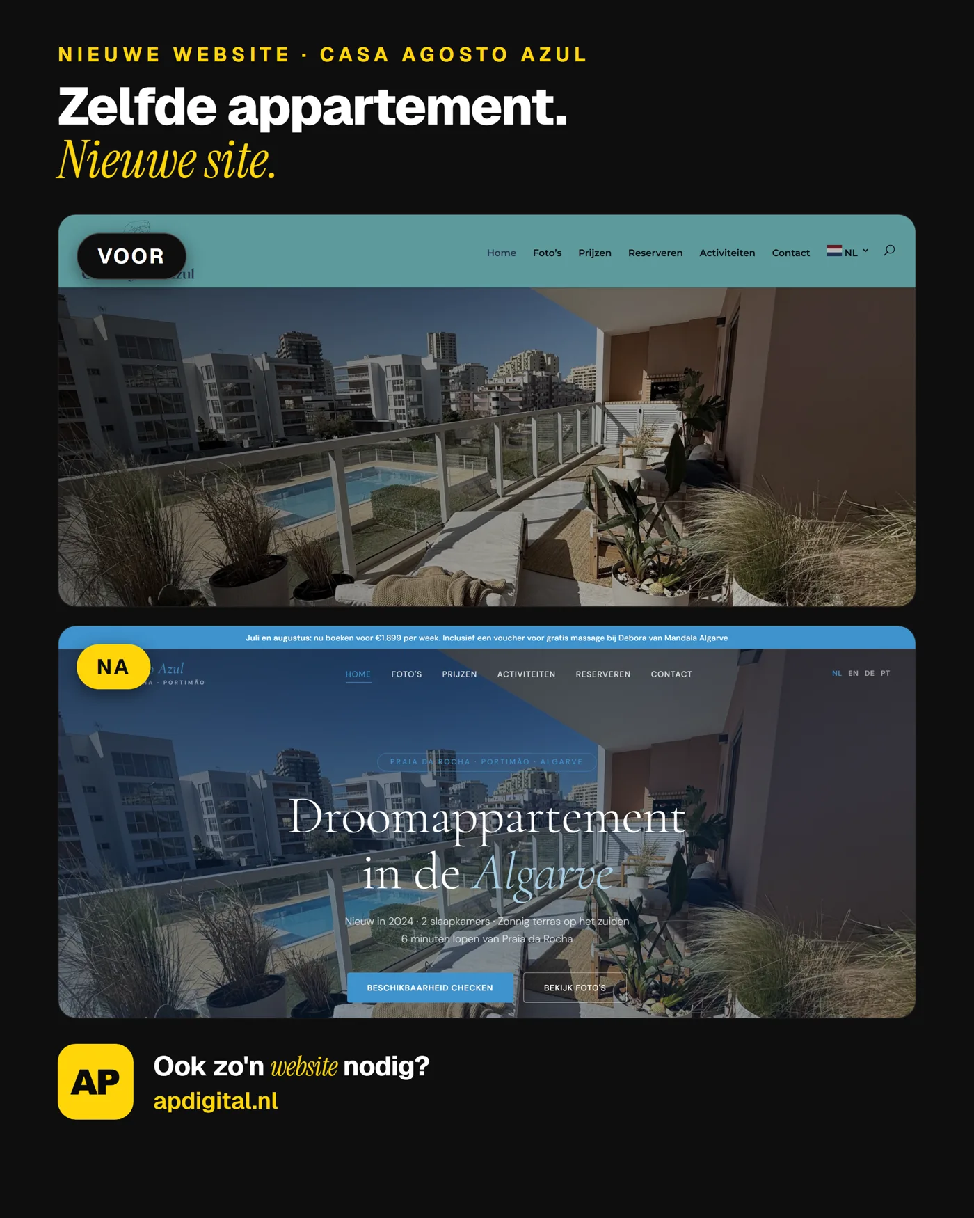 Voor en na van een klantwebsite door AP Digital: bovenaan de oude site, onderaan de nieuwe site met heldere hero en duidelijke knoppen.